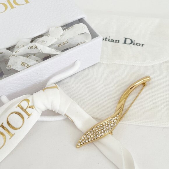 DIOR Vintage Gold Toned Leaf Rhinestone Brooch Pin 1990s-2000s - Picture 5 of 12